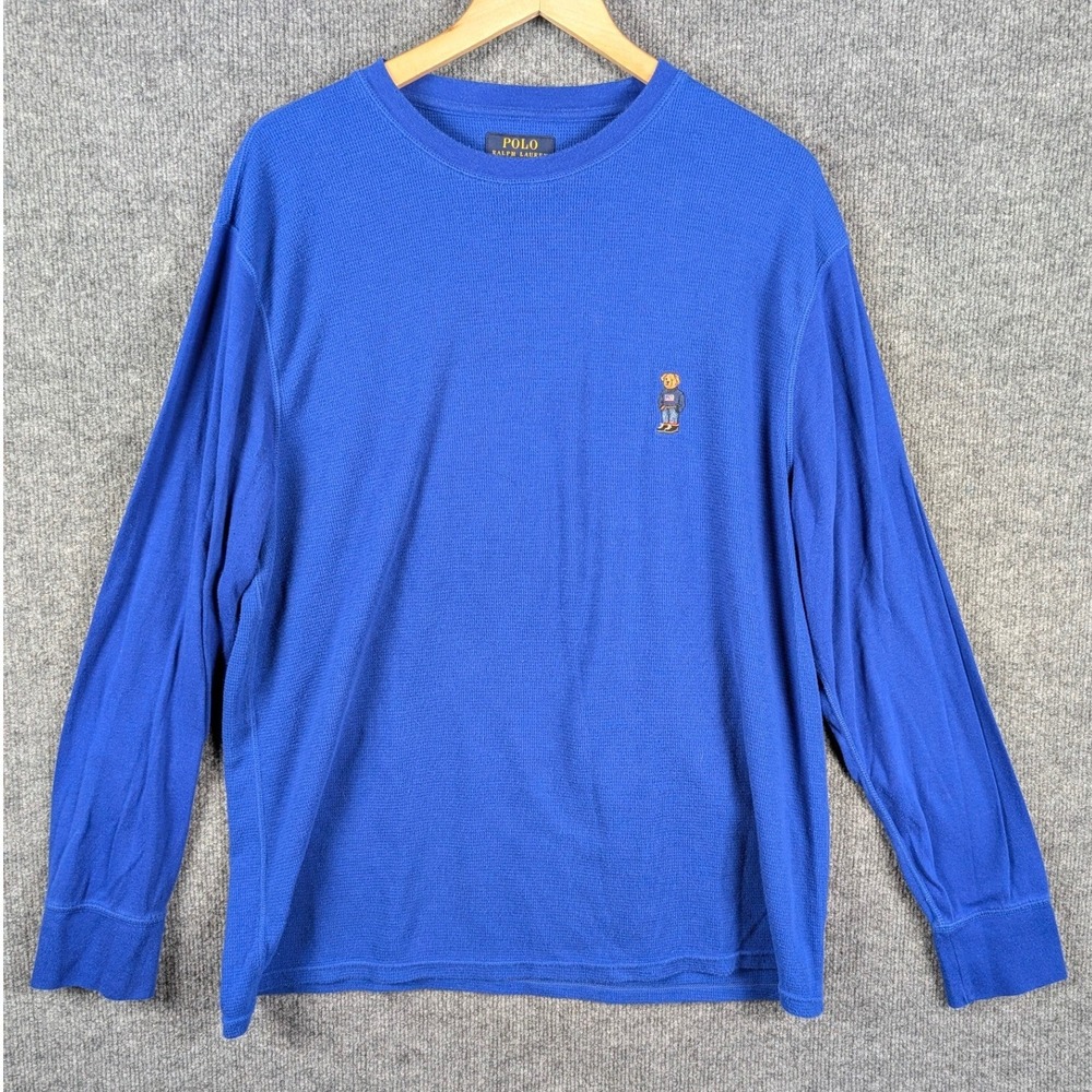 Polo Ralph Lauren Mens BEAR Logo Shirt 2XL Blue Waffle Knit Long Sleeve Thermal